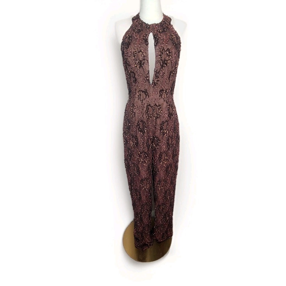 Vintage Bill Blass Evening Brown Beaded Sequin Halter Jumpsuit Size 8